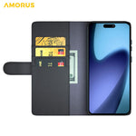 AMORUS For iPhone 17 Stand Cases Calf Texture Genuine Split Leather Wallet Phone Cover