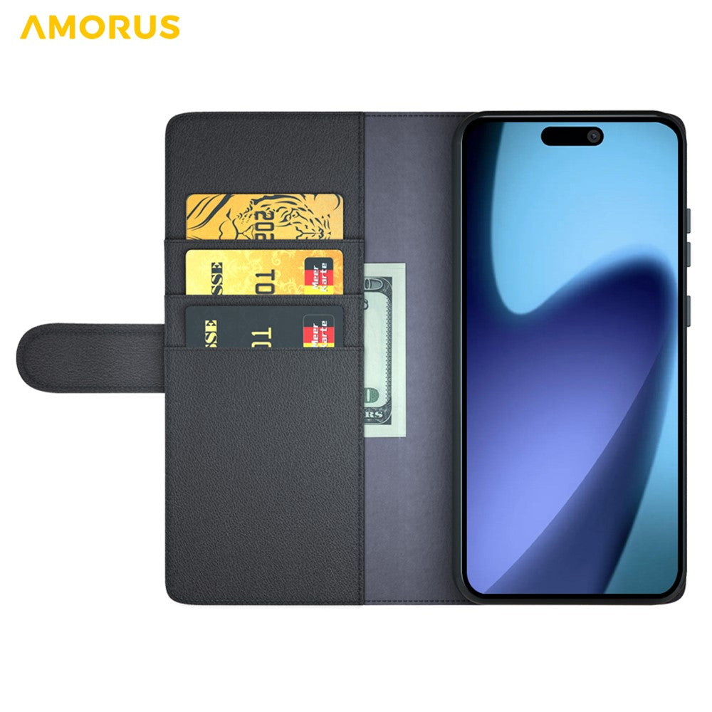 AMORUS For iPhone 17 Stand Cases Calf Texture Genuine Split Leather Wallet Phone Cover