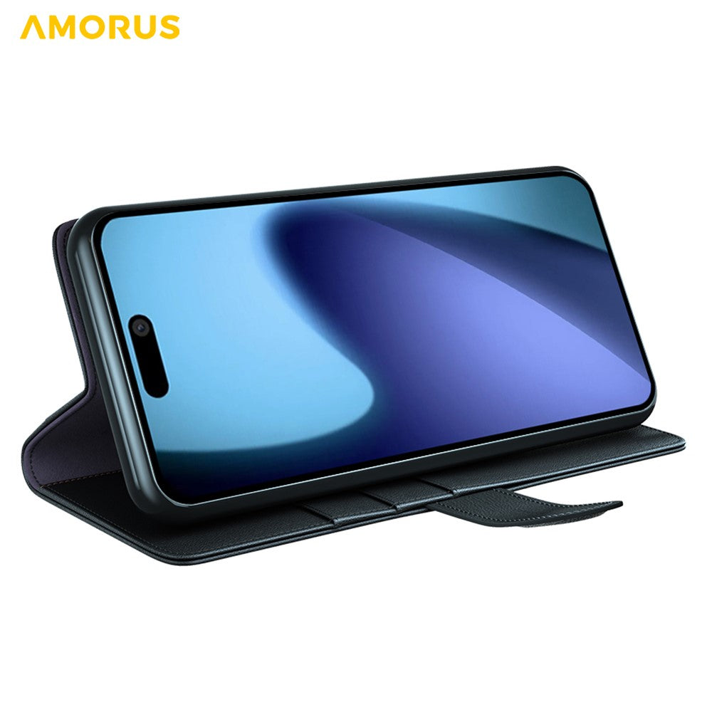 AMORUS For iPhone 17 Stand Cases Calf Texture Genuine Split Leather Wallet Phone Cover