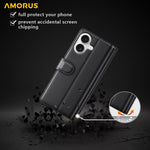 AMORUS For iPhone 17 Stand Cases Calf Texture Genuine Split Leather Wallet Phone Cover