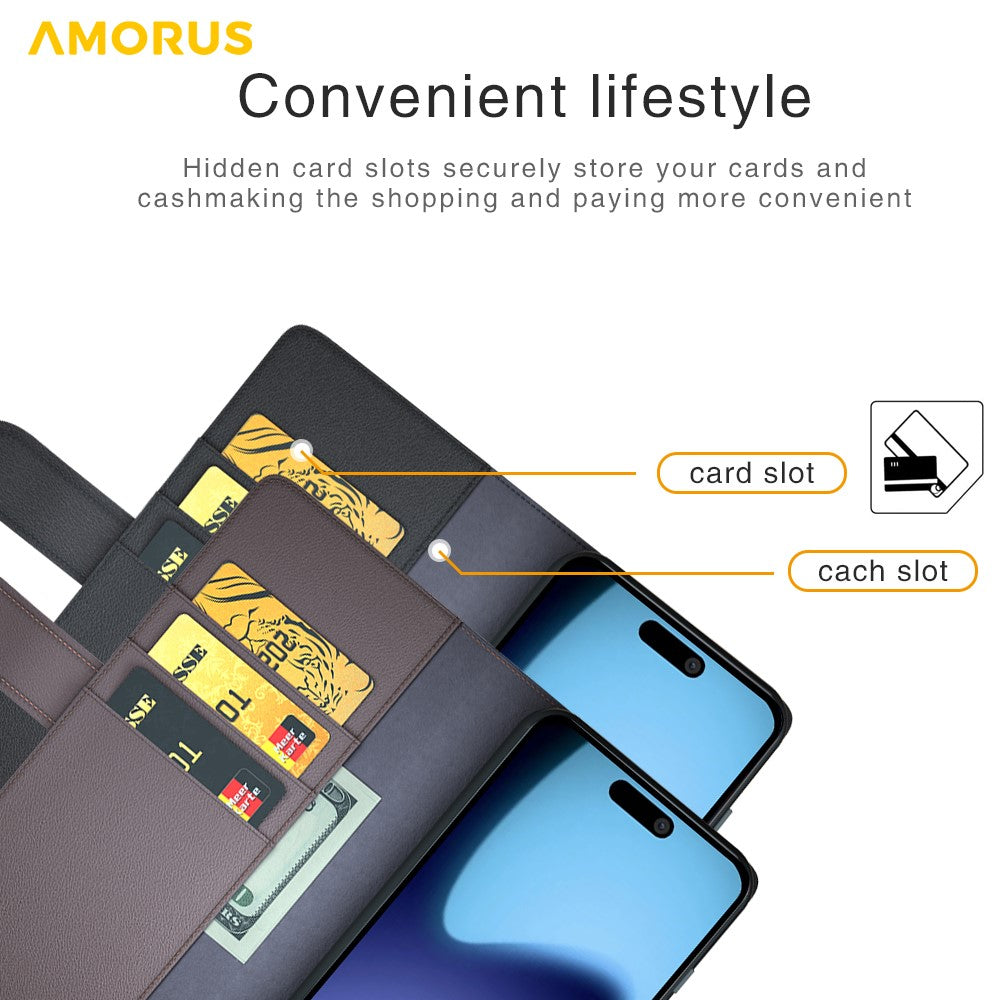 AMORUS For iPhone 17 Stand Cases Calf Texture Genuine Split Leather Wallet Phone Cover