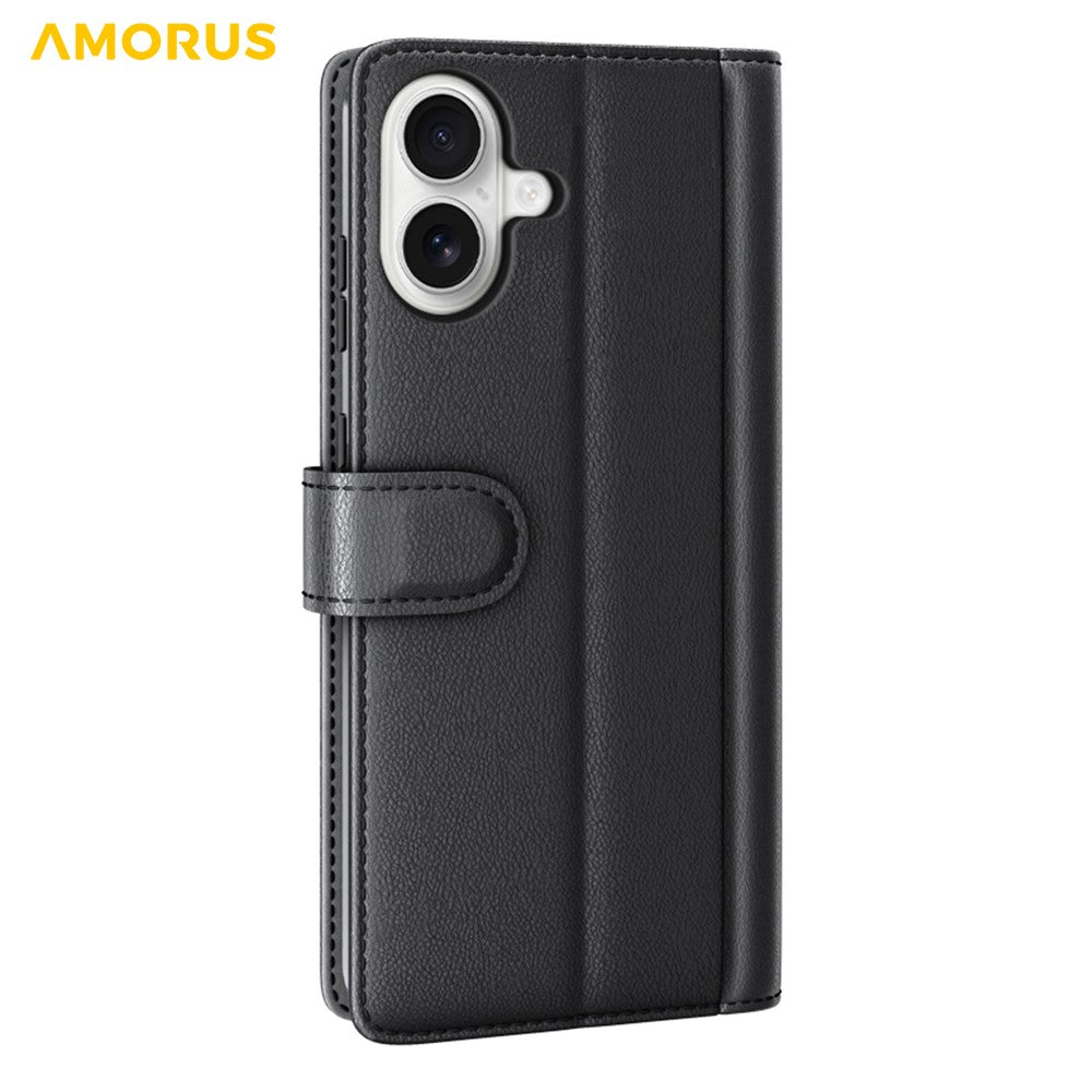 AMORUS For iPhone 17 Stand Cases Calf Texture Genuine Split Leather Wallet Phone Cover