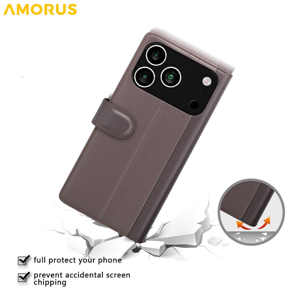 AMORUS iPhone 18 Pro / 17 Pro Läderfodral med Ställ - Brun