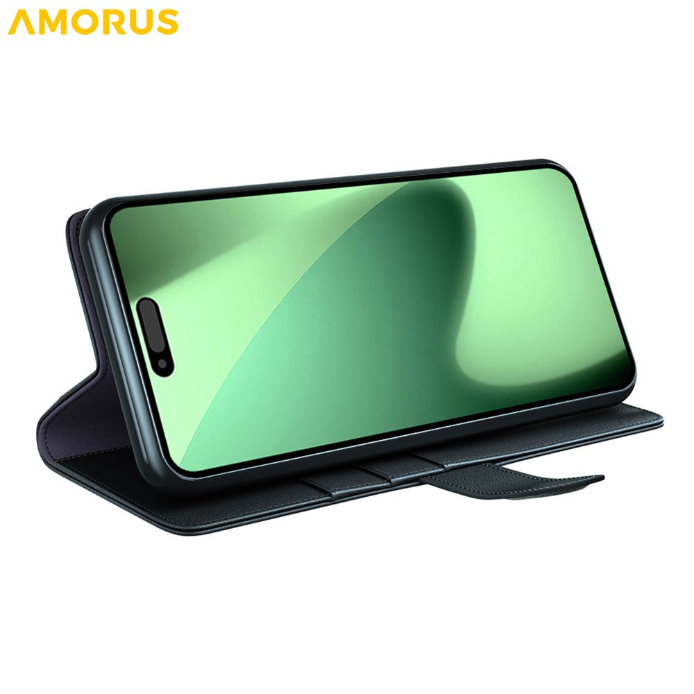 AMORUS iPhone 18 Pro Max / 17 Pro Max Läderfodral med Ställ - Svart