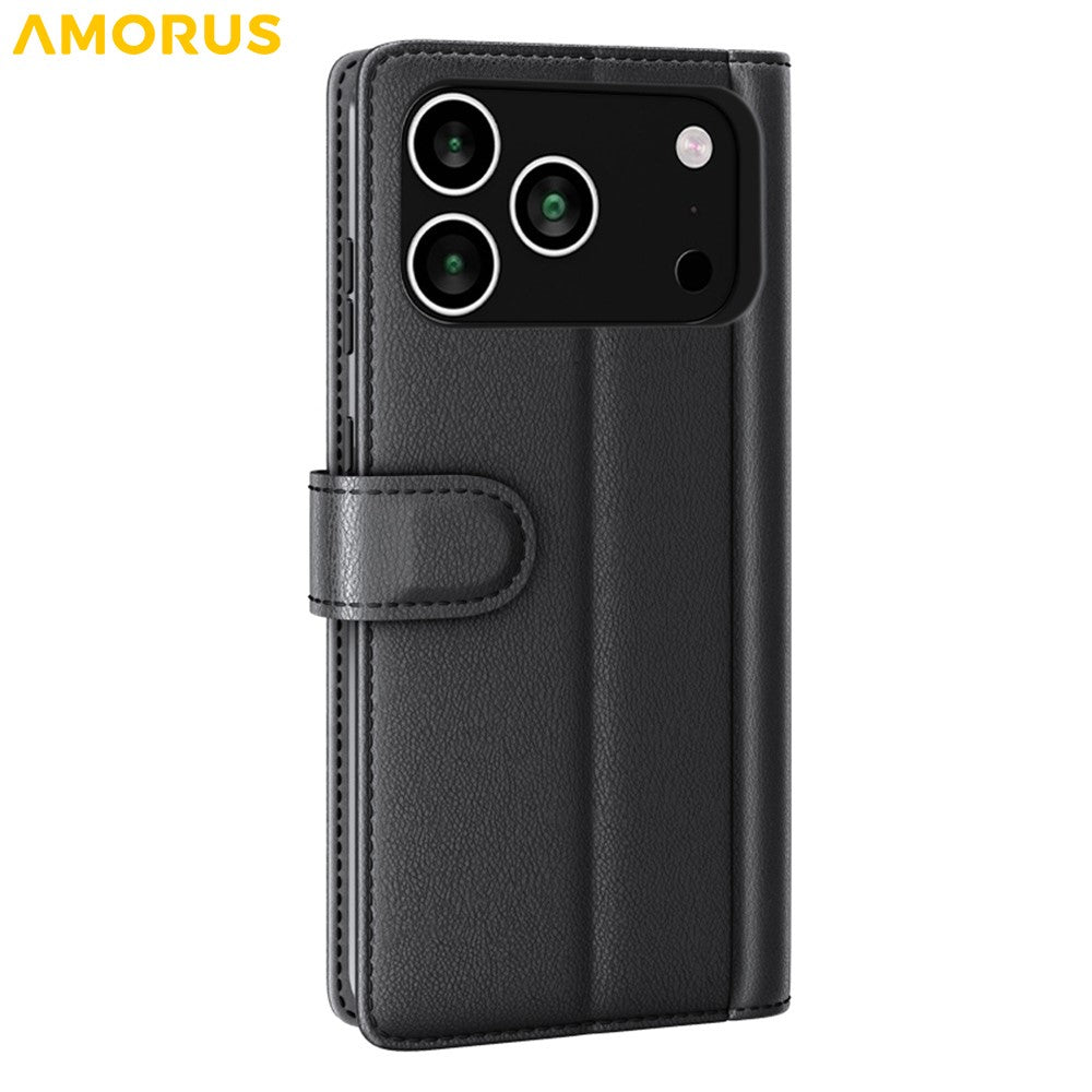 AMORUS iPhone 18 Pro Max / 17 Pro Max Läderfodral med Ställ - Svart
