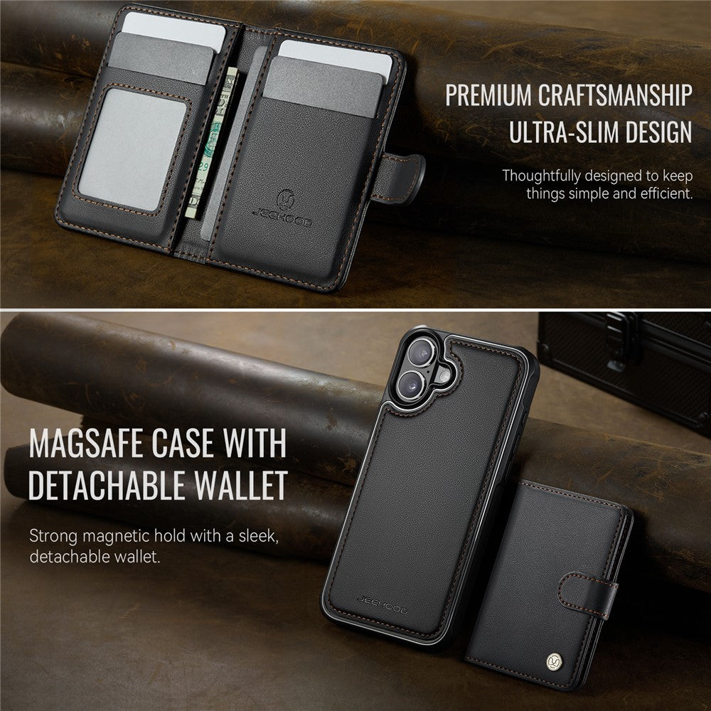 JEEHOOD J09 Aftageligt cover til iPhone 17 med kortholder, RFID-blokerende læderbagcover kompatibel med MagSafe