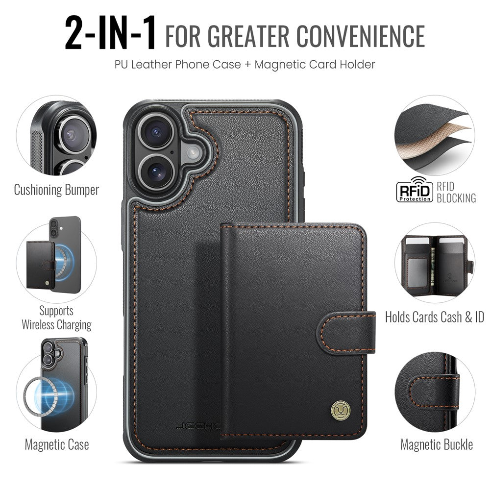 JEEHOOD J09 Aftageligt cover til iPhone 17 med kortholder, RFID-blokerende læderbagcover kompatibel med MagSafe