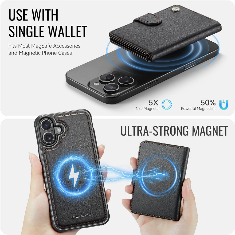 JEEHOOD J09 Aftageligt cover til iPhone 17 med kortholder, RFID-blokerende læderbagcover kompatibel med MagSafe