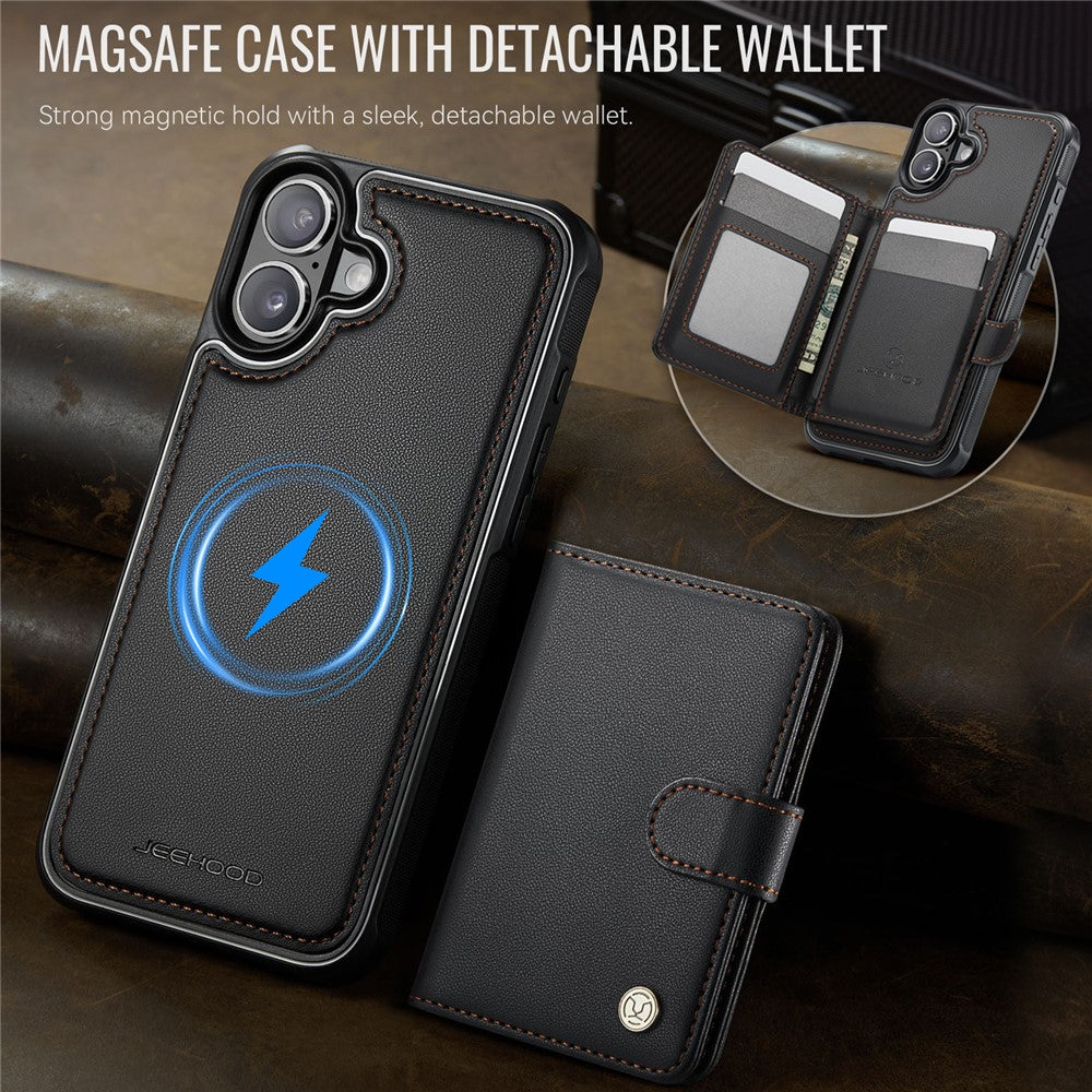 JEEHOOD J09 Aftageligt cover til iPhone 17 med kortholder, RFID-blokerende læderbagcover kompatibel med MagSafe
