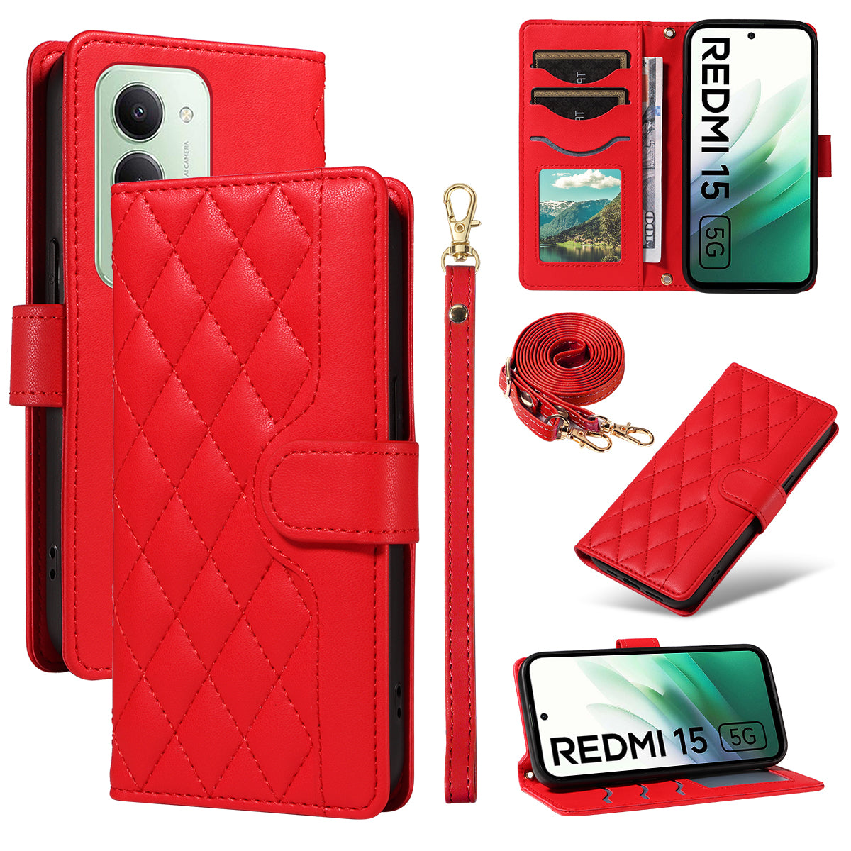 Xiaomi Redmi 15 4G (EU) (171mm) Plånboksfodral Rhombus Lädermobilfodral med Rem
