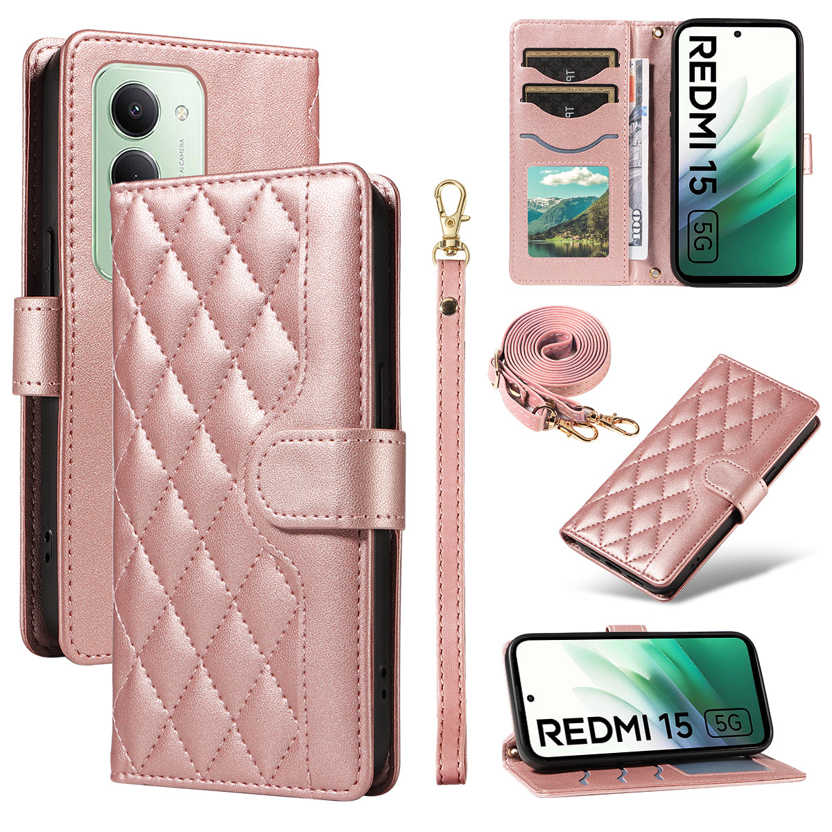 Xiaomi Redmi 15 4G (EU) (171mm) Plånboksfodral Rhombus Lädermobilfodral med Rem