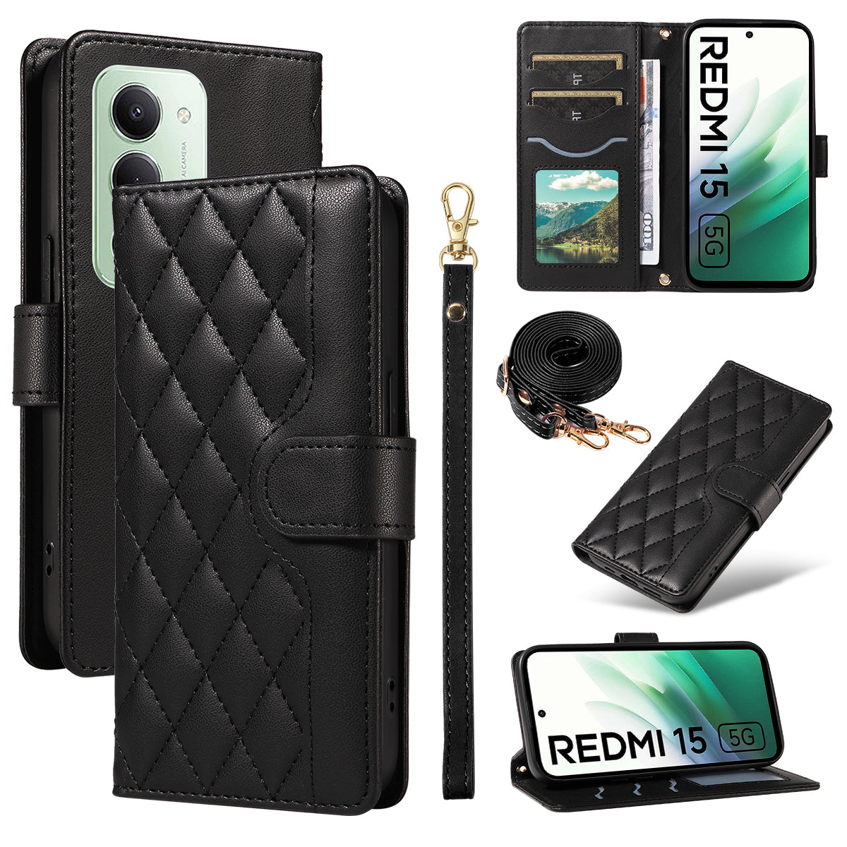 Xiaomi Redmi 15 4G (EU) (171mm) Plånboksfodral Rhombus Lädermobilfodral med Rem