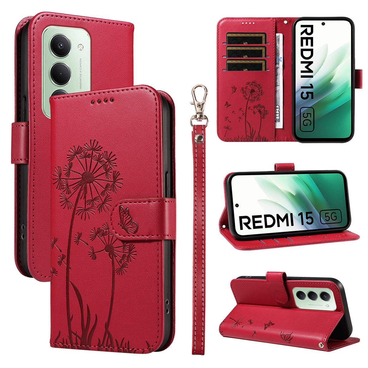 Xiaomi Redmi 15 4G (EU) (171 mm) Läderplånboksfodral med rem Maskrostryck mobilstativ