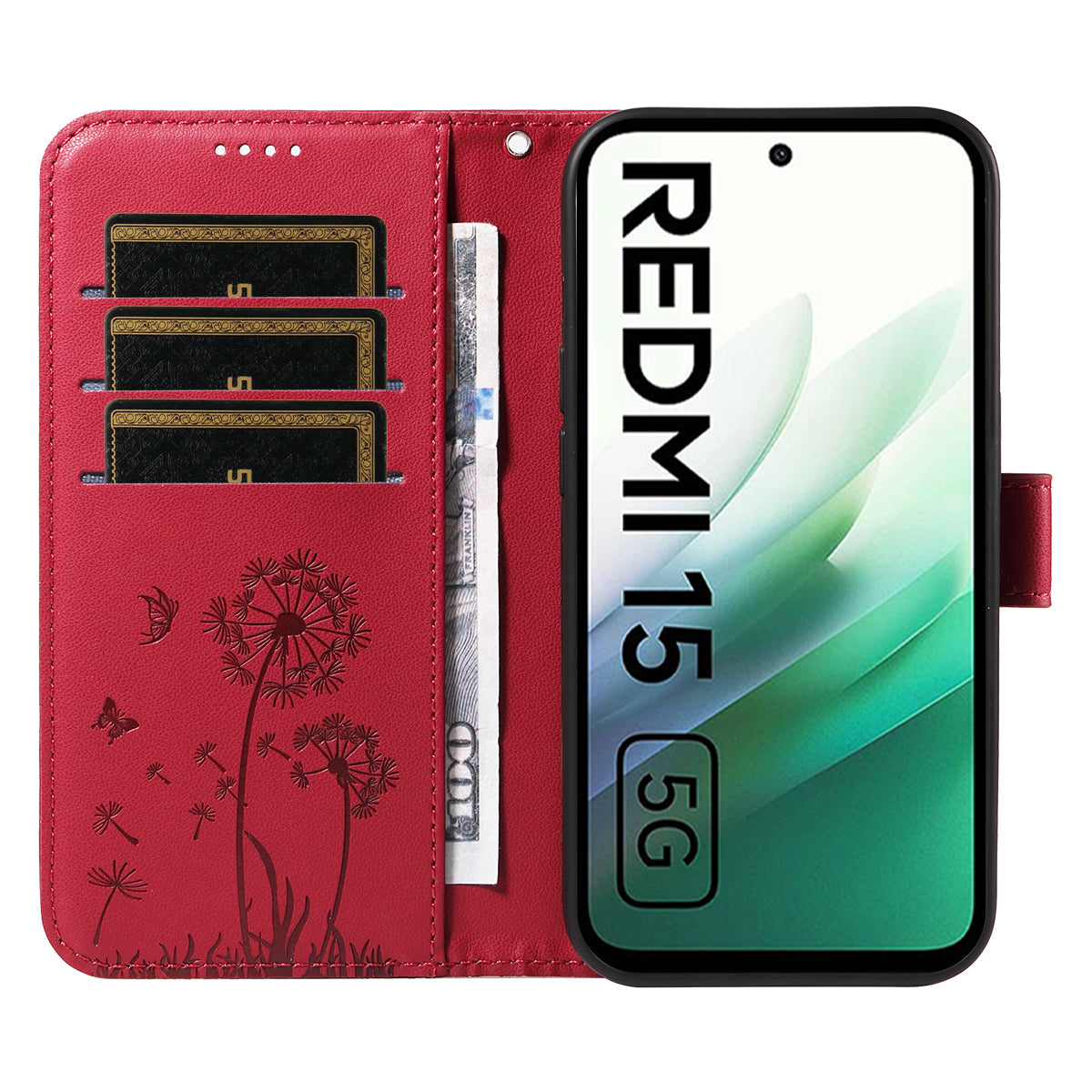 Xiaomi Redmi 15 4G (EU) (171 mm) Läderplånboksfodral med rem Maskrostryck mobilstativ
