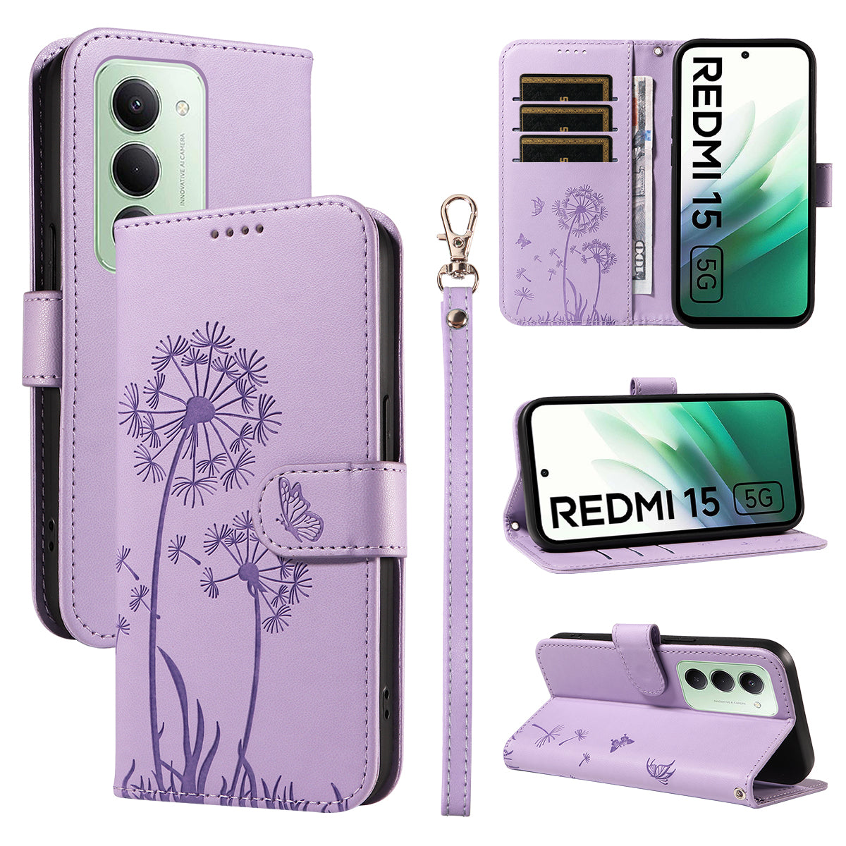 Xiaomi Redmi 15 4G (EU) (171 mm) Läderplånboksfodral med rem Maskrostryck mobilstativ