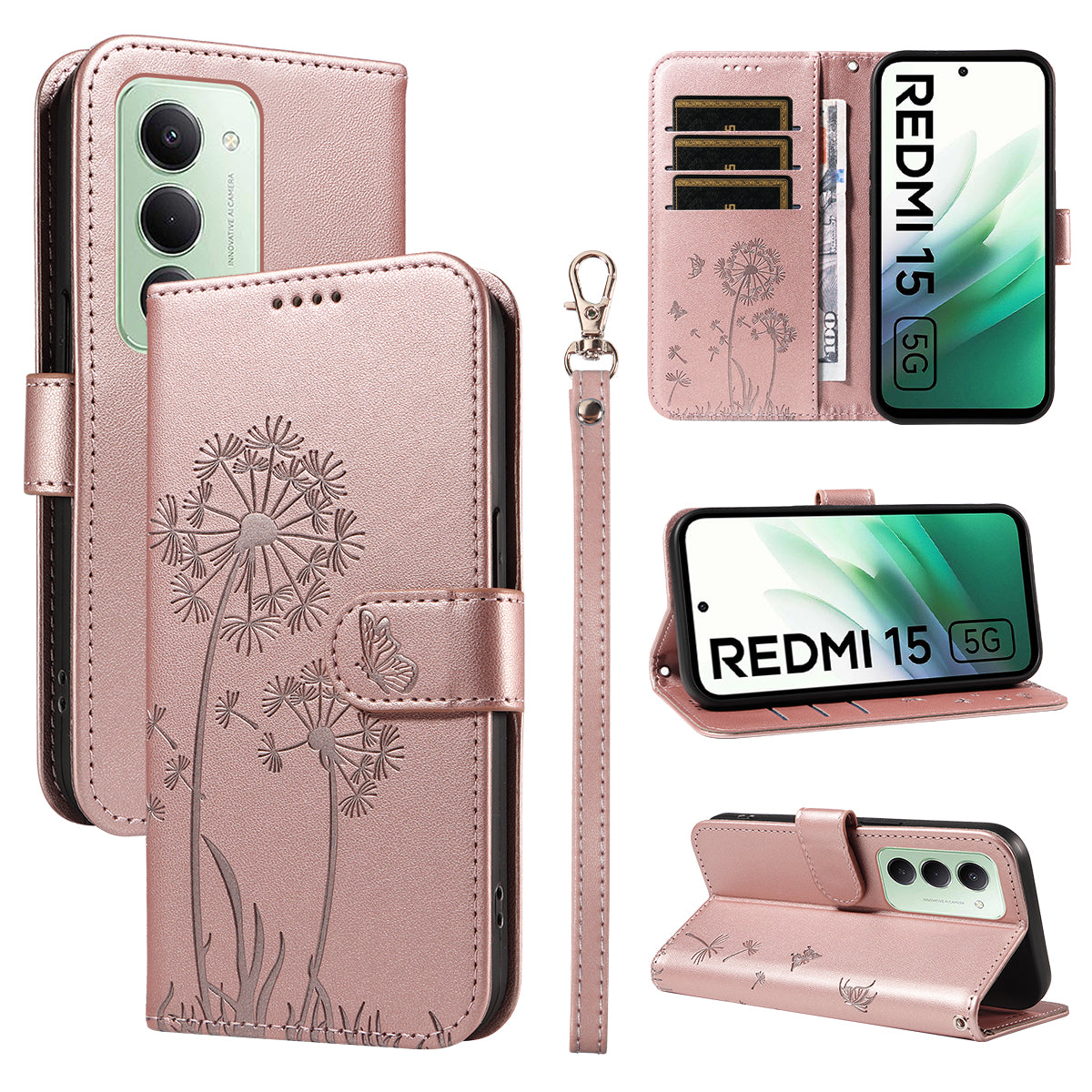 Xiaomi Redmi 15 4G (EU) (171 mm) Läderplånboksfodral med rem Maskrostryck mobilstativ