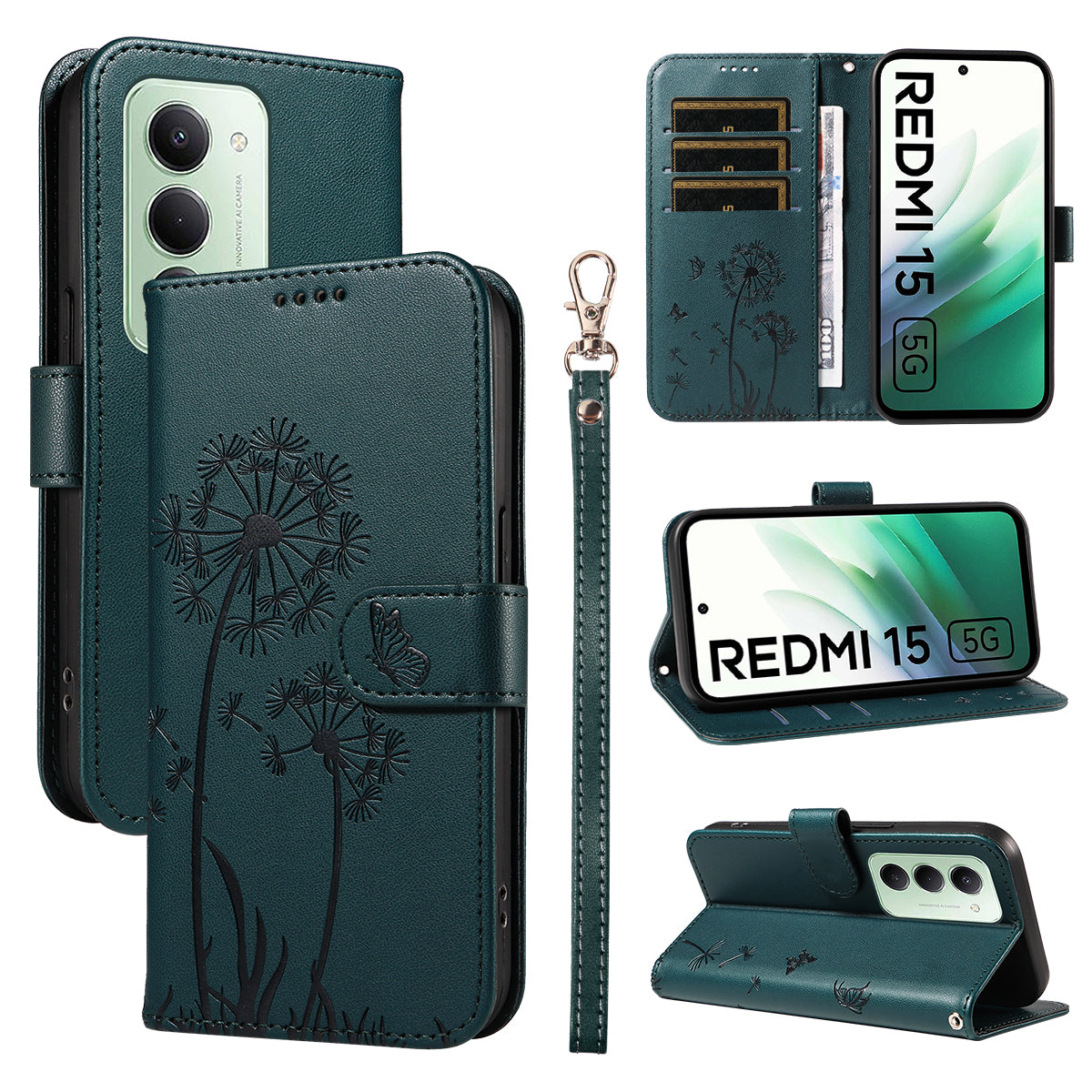 Xiaomi Redmi 15 4G (EU) (171 mm) Läderplånboksfodral med rem Maskrostryck mobilstativ