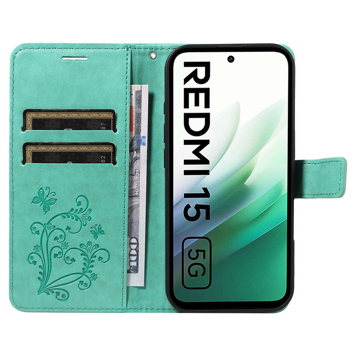 For Xiaomi Redmi 15 4G (EU) (171mm) Wallet Case Floral Butterfly Imprinted Leather Phone Cover Stand