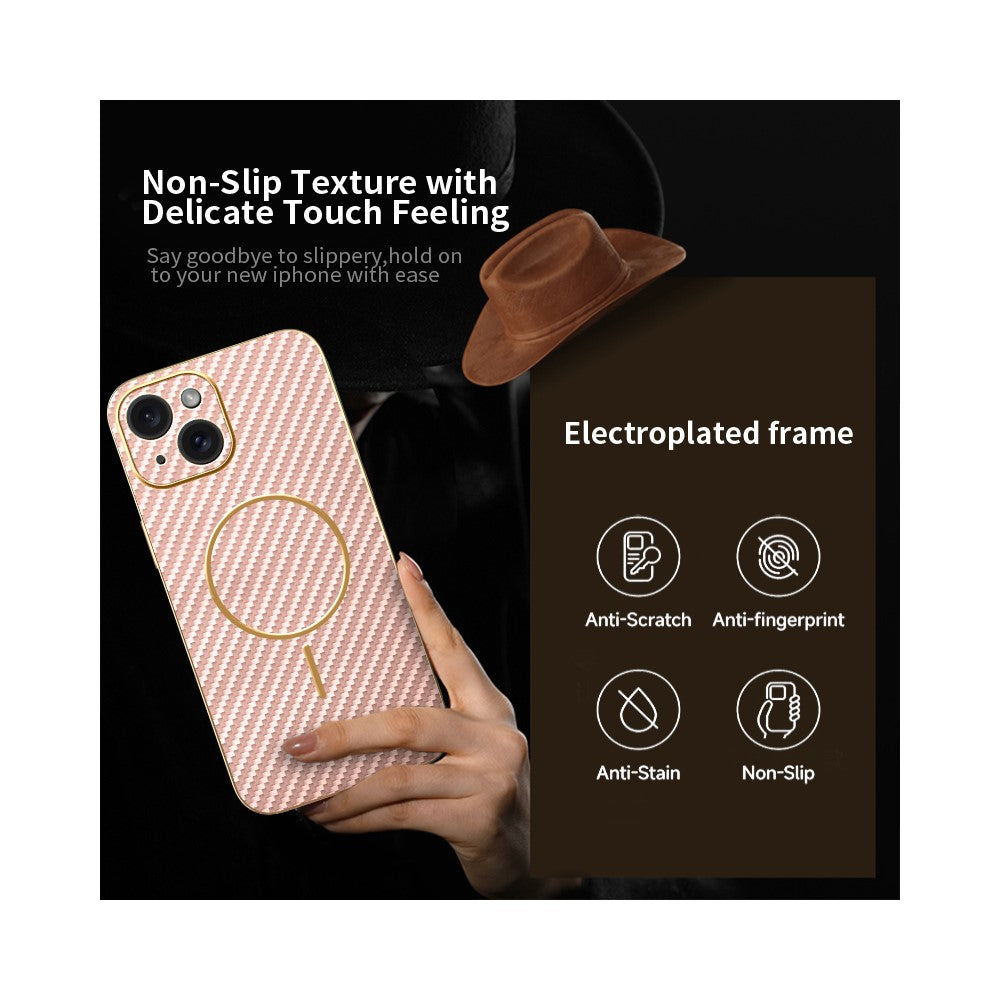 För iPhone 15 Mobilskal Kolfibertexturerat Elektropläterat TPU Bakstycke