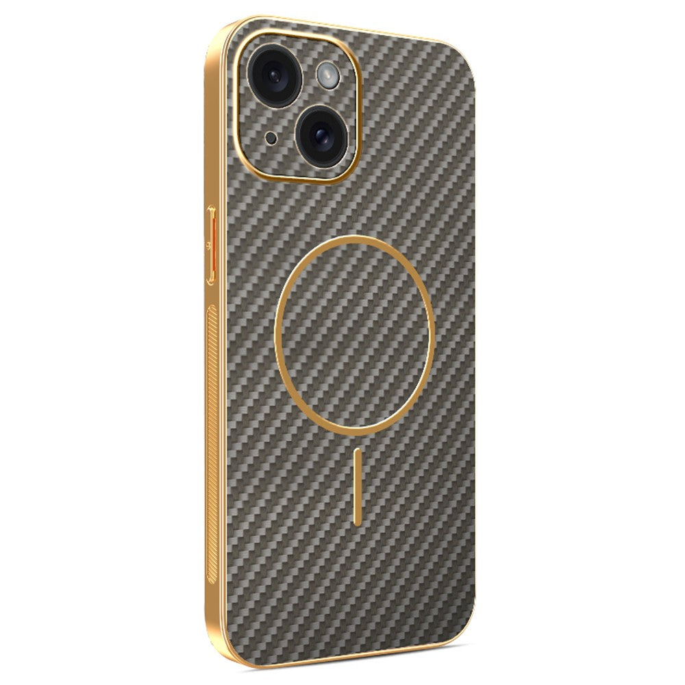 Til iPhone 15 Telefoncover med Kulfibertekstur Elektrogalvaniseret TPU Bagcover