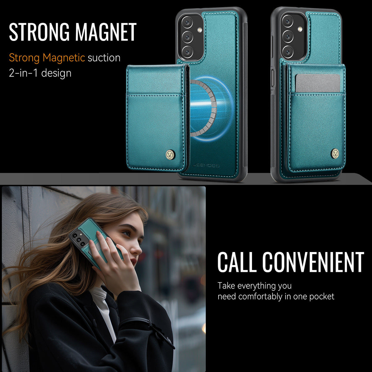 JEEHOOD For Samsung Galaxy A14 4G / Galaxy M44 5G / Galaxy A14 5G Leather Back Cover Magnetic Case  J06 Phone Case with Card Bag RFID Blocking