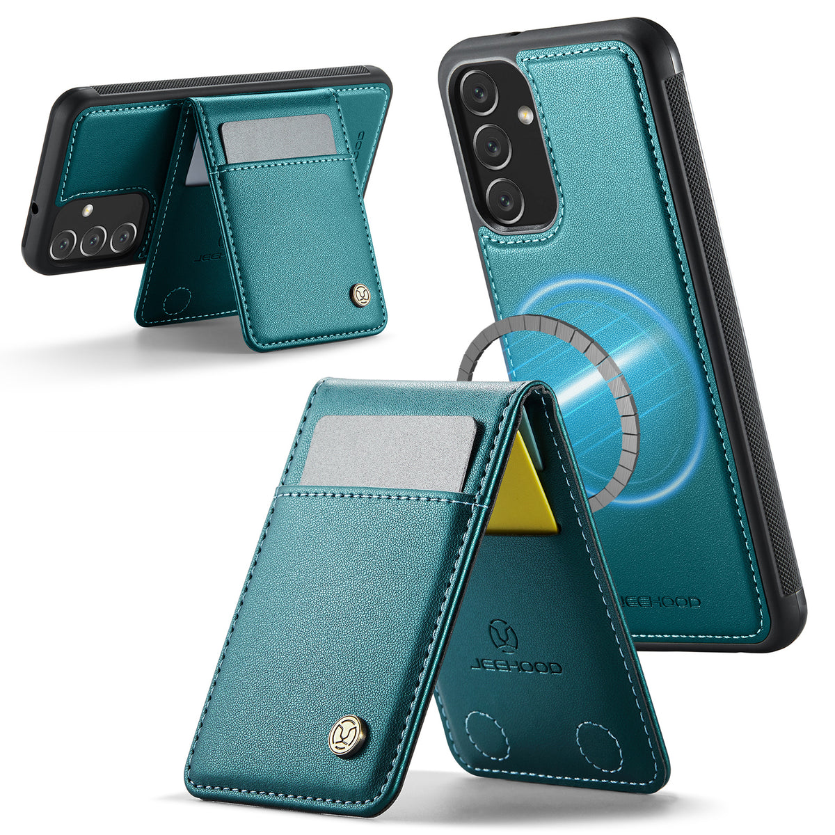 JEEHOOD For Samsung Galaxy A14 4G / Galaxy M44 5G / Galaxy A14 5G Leather Back Cover Magnetic Case  J06 Phone Case with Card Bag RFID Blocking