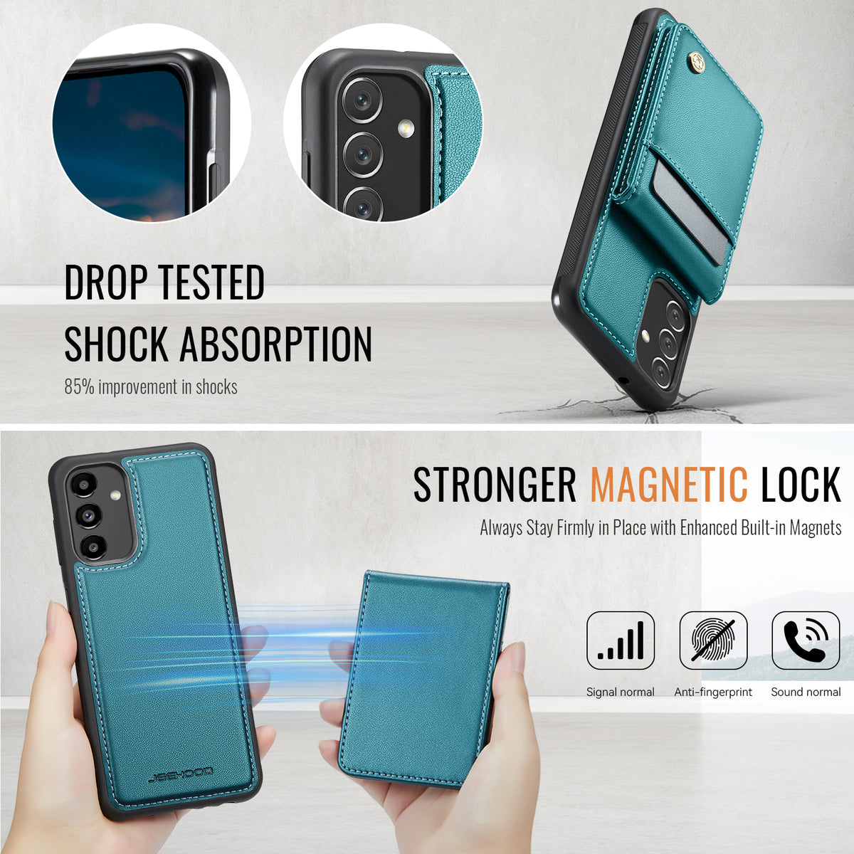 JEEHOOD For Samsung Galaxy A14 4G / Galaxy M44 5G / Galaxy A14 5G Leather Back Cover Magnetic Case  J06 Phone Case with Card Bag RFID Blocking