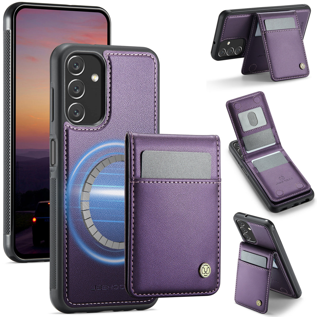 JEEHOOD For Samsung Galaxy A14 4G / Galaxy M44 5G / Galaxy A14 5G Leather Back Cover Magnetic Case  J06 Phone Case with Card Bag RFID Blocking