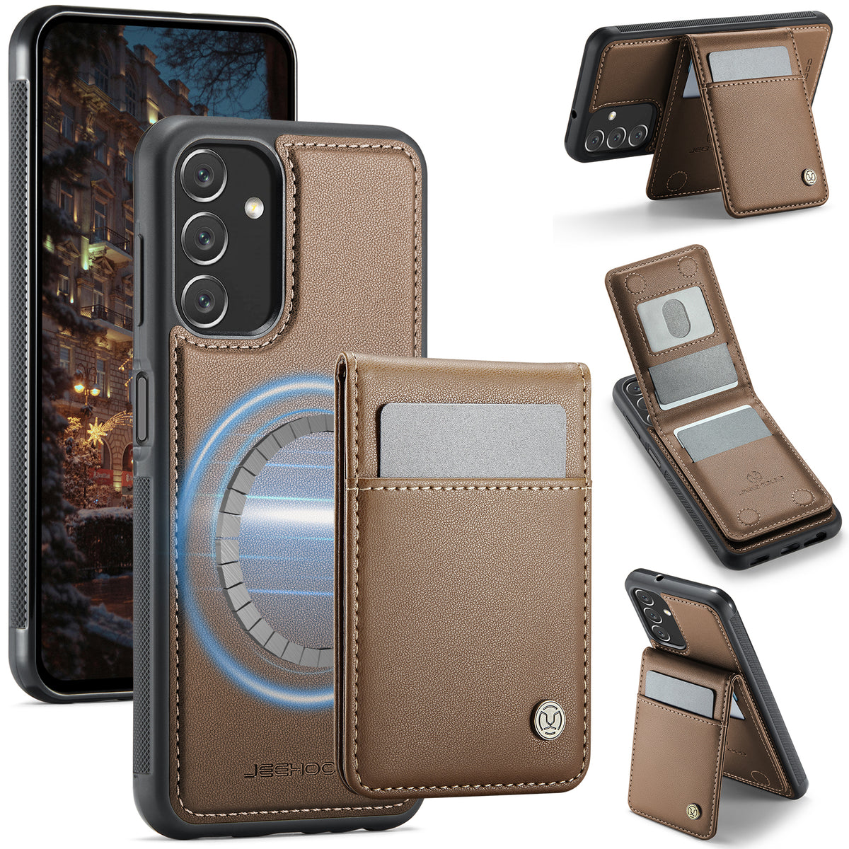 JEEHOOD For Samsung Galaxy A14 4G / Galaxy M44 5G / Galaxy A14 5G Leather Back Cover Magnetic Case  J06 Phone Case with Card Bag RFID Blocking