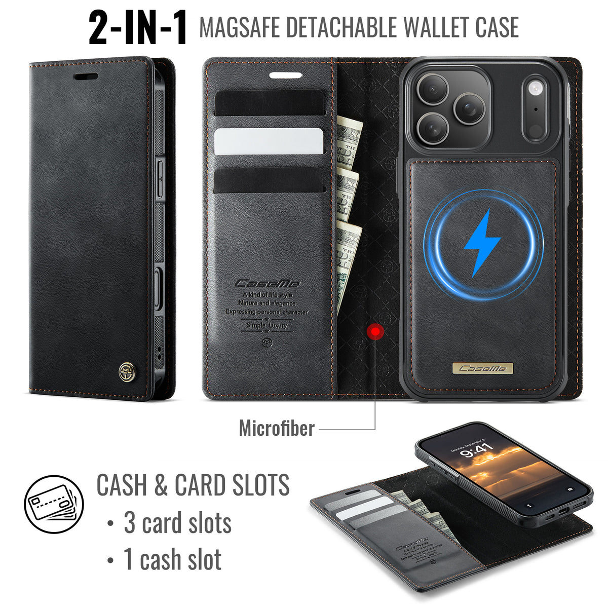 CASEME For iPhone 18 Pro / 17 Pro Case  C49 Compatible with MagSafe RFID Blocking Detachable Wallet Leather Phone Cover