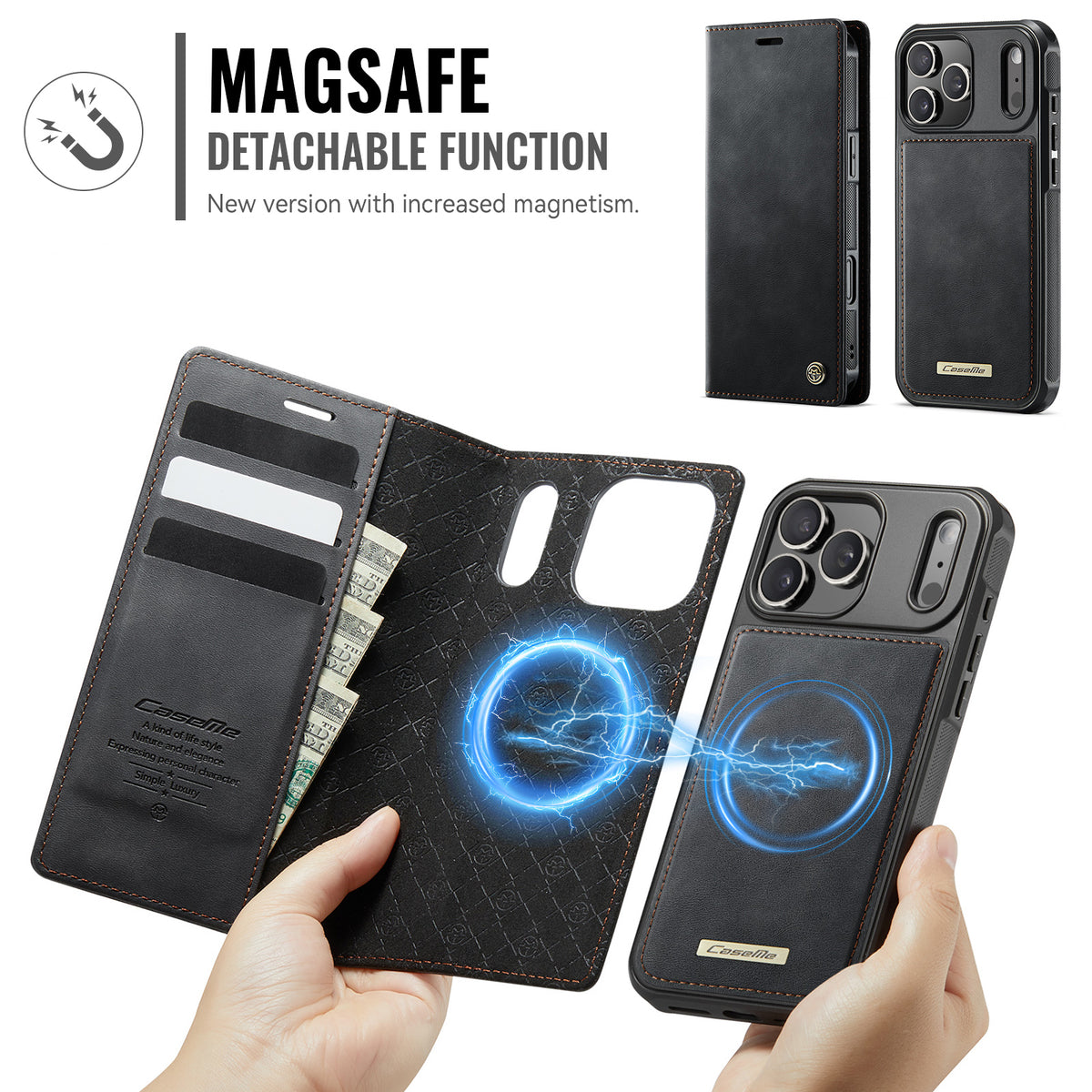 CASEME For iPhone 18 Pro / 17 Pro Case  C49 Compatible with MagSafe RFID Blocking Detachable Wallet Leather Phone Cover