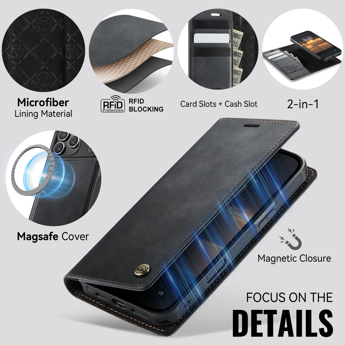 CASEME For iPhone 18 Pro / 17 Pro Case  C49 Compatible with MagSafe RFID Blocking Detachable Wallet Leather Phone Cover