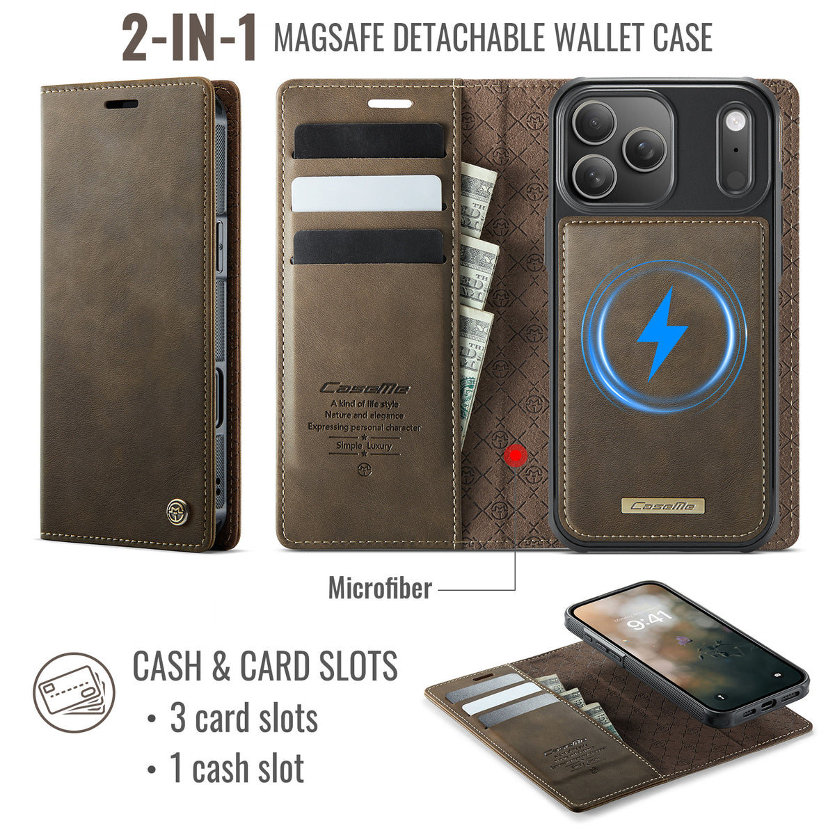 CASEME For iPhone 18 Pro Max / 17 Pro Max Case  C49 Compatible with MagSafe RFID Blocking Detachable Wallet Leather Phone Cover