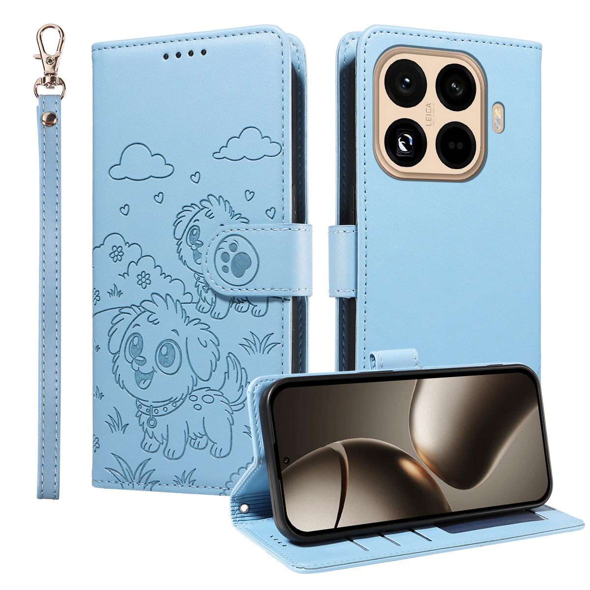 For Xiaomi 15T Pro Case RFID Blocking Imprinted Dog Pattern PU Leather Phone Cover with Wrist Strap