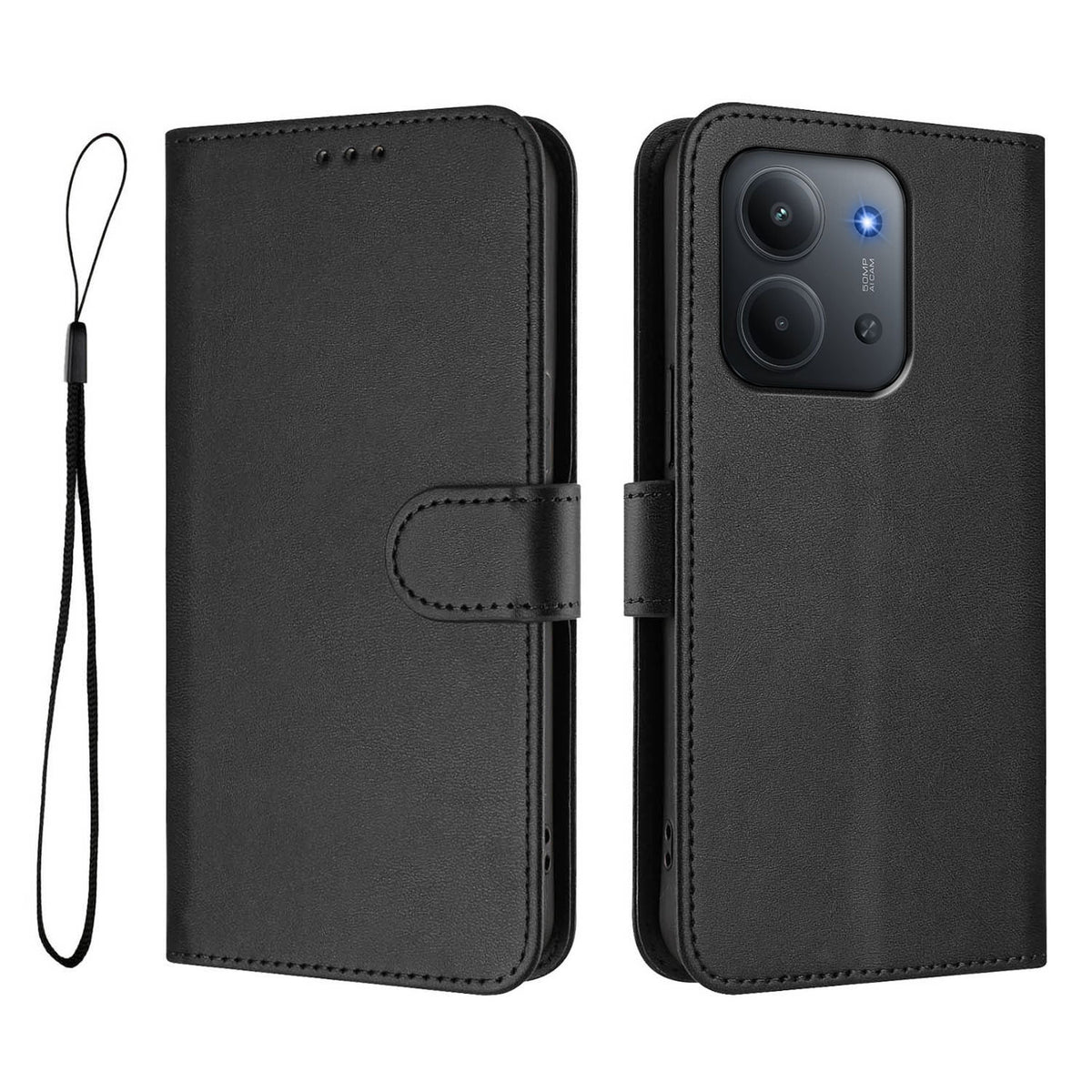 For Xiaomi Redmi 15C 5G (EU) (173mm) / Xiaomi Redmi 15C 4G (EU) (173mm) Wallet Case RFID Blocking Calf Texture Leather Stand Phone Cover with Strap