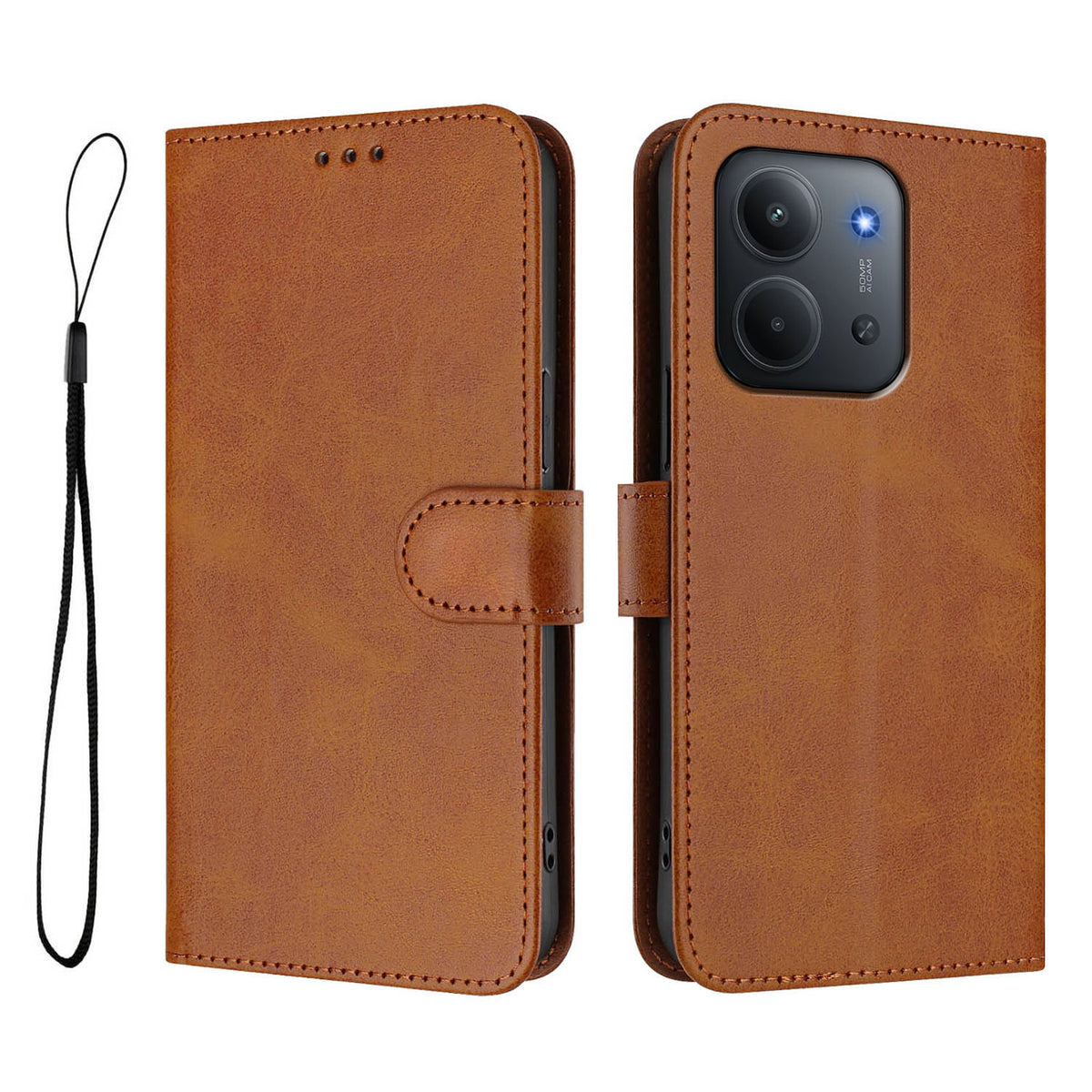 For Xiaomi Redmi 15C 5G (EU) (173mm) / Xiaomi Redmi 15C 4G (EU) (173mm) Wallet Case RFID Blocking Calf Texture Leather Stand Phone Cover with Strap