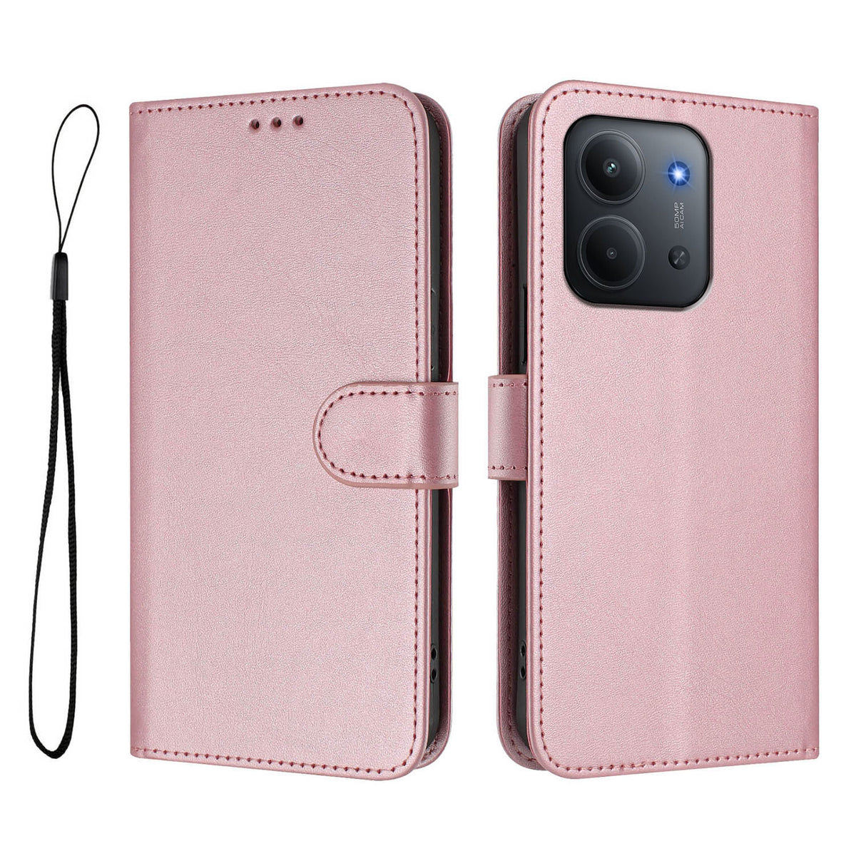 For Xiaomi Redmi 15C 5G (EU) (173mm) / Xiaomi Redmi 15C 4G (EU) (173mm) Wallet Case RFID Blocking Calf Texture Leather Stand Phone Cover with Strap