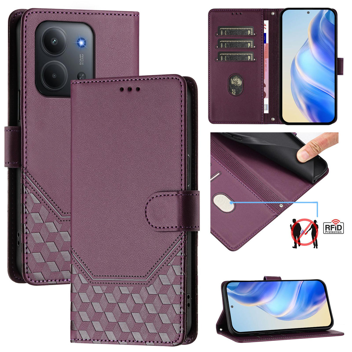 For Xiaomi Redmi 15C 5G (EU) (173mm) / Xiaomi Redmi 15C 4G (EU) (173mm) Case Imprinted Honeycomb RFID Blocking Leather Phone Cover with Strap