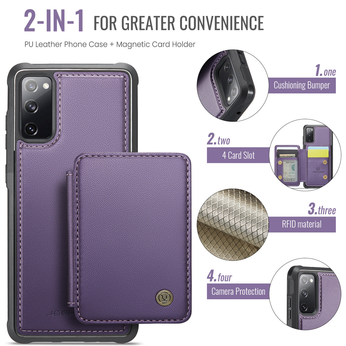 JEEHOOD For Samsung Galaxy S20 FE Case  J05 Leather Mobile Cover with Detachable Magnetic Card Bag