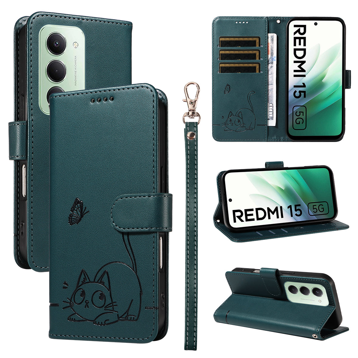 For Xiaomi Redmi 15 4G (EU) (171mm) Case Cat Pattern Imprint Leather Phone Cover with Wrist Strap