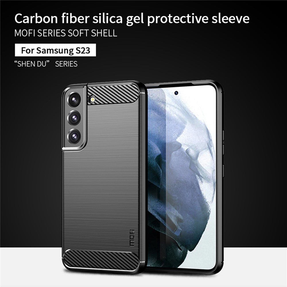 MOFI JK TPU Series-1 Carbon Fiber Texture Phone Shell for Samsung Galaxy S23, Anti-dust Phone Case Soft TPU Brushed Phone Case