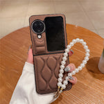 For Oppo Find N3 Flip 5G Ripple Puffer PU PC Case Foldable Phone Cover with Pearl Bracelet