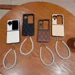 For Oppo Find N3 Flip 5G Ripple Puffer PU PC Case Foldable Phone Cover with Pearl Bracelet