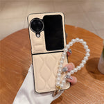 For Oppo Find N3 Flip 5G Ripple Puffer PU PC Case Foldable Phone Cover with Pearl Bracelet