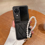 For Oppo Find N3 Flip 5G Ripple Puffer PU PC Case Foldable Phone Cover with Pearl Bracelet