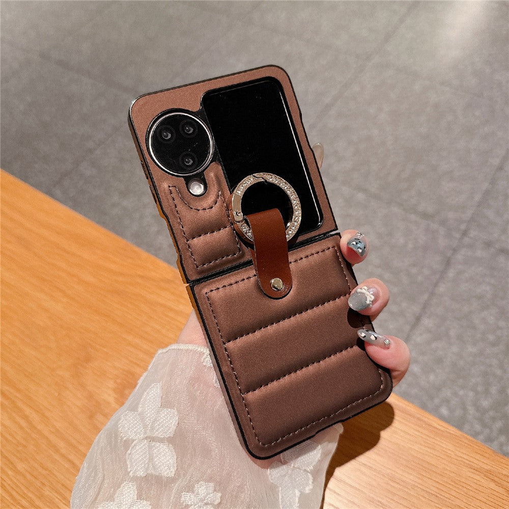 For Oppo Find N3 Flip 5G Case Down Jacket Style Rhinestone Decor Ring Holder Leather Coated PC Phone Cover