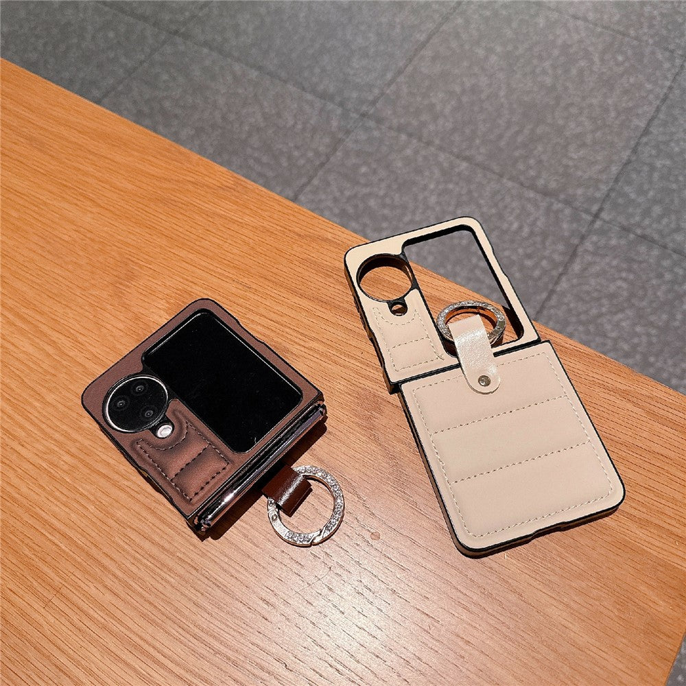 For Oppo Find N3 Flip 5G Case Down Jacket Style Rhinestone Decor Ring Holder Leather Coated PC Phone Cover