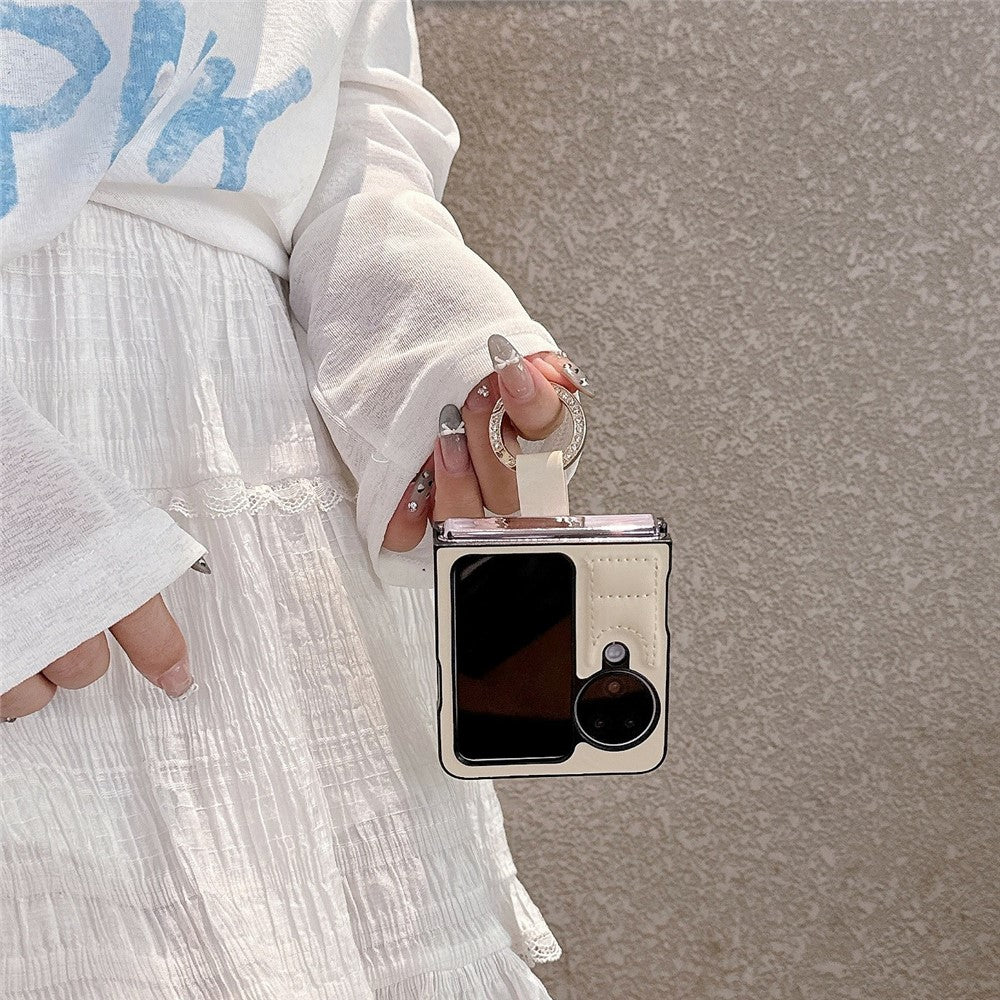 For Oppo Find N3 Flip 5G Case Down Jacket Style Rhinestone Decor Ring Holder Leather Coated PC Phone Cover