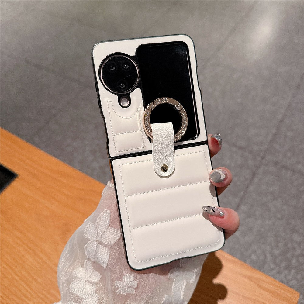 For Oppo Find N3 Flip 5G Case Down Jacket Style Rhinestone Decor Ring Holder Leather Coated PC Phone Cover