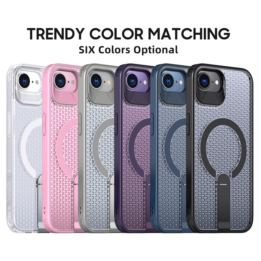 For iPhone 17th / 16th Magnetic Case Kickstand Grid Texture TPU PC Phone Back Cover